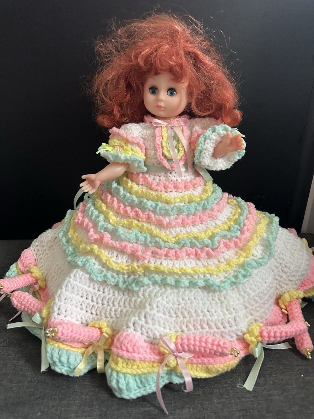 Vintage Crochet Bed Doll Red Hair Pastel Ruffle Dress Bells Handmade 13”